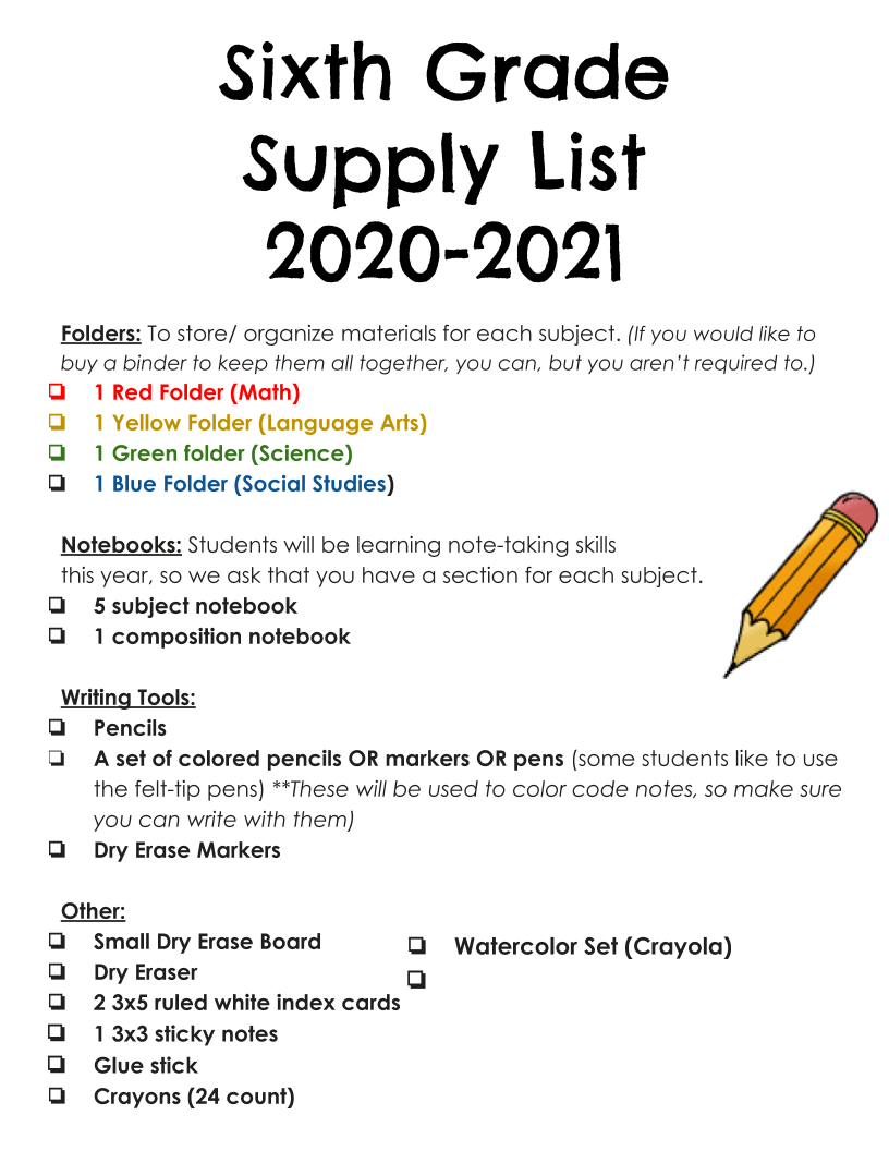 Sixth Grade Supply List Little Run Elementary School